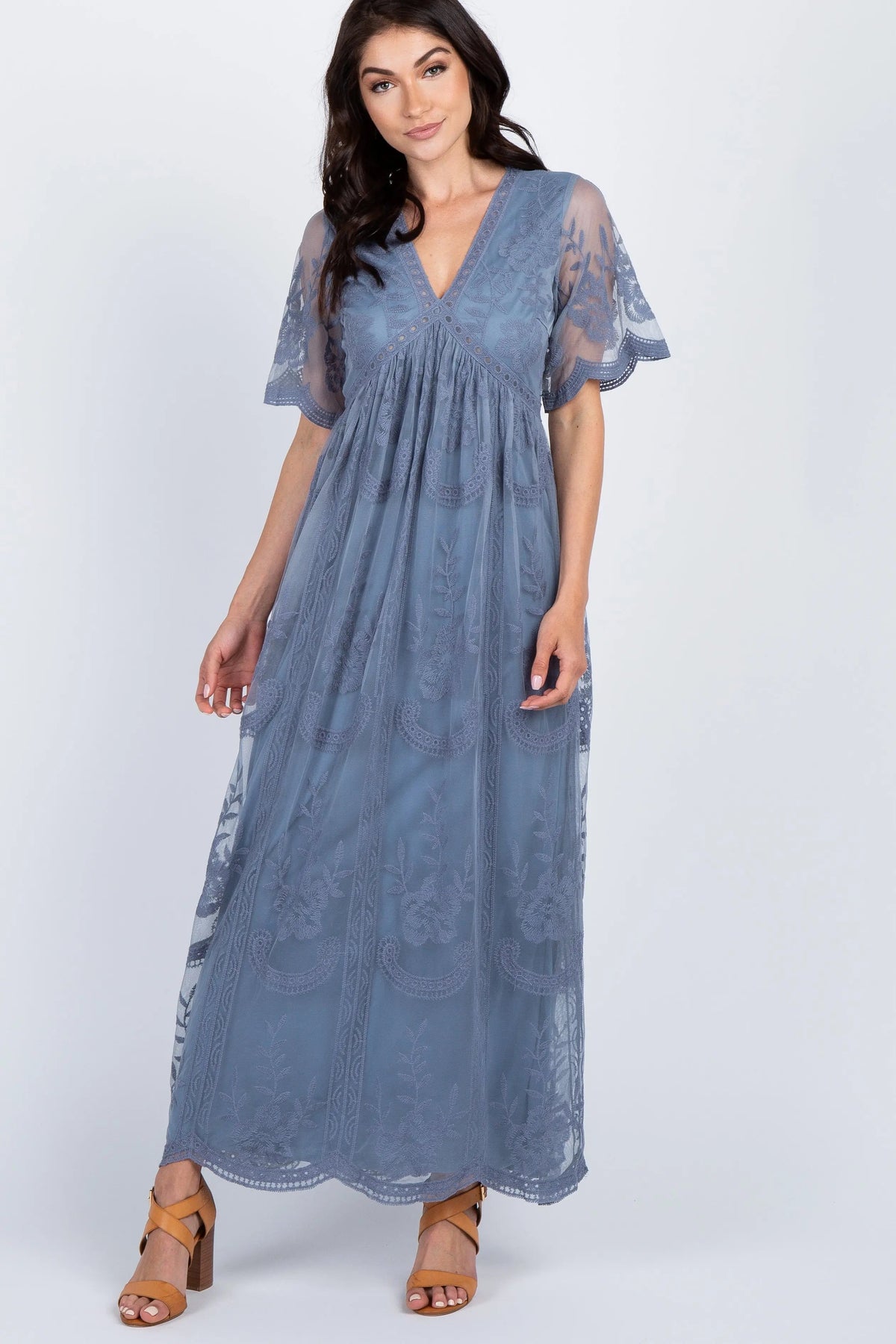 PinkBlush PinkBlush Blue Lace Mesh Overlay Maxi Dress - 