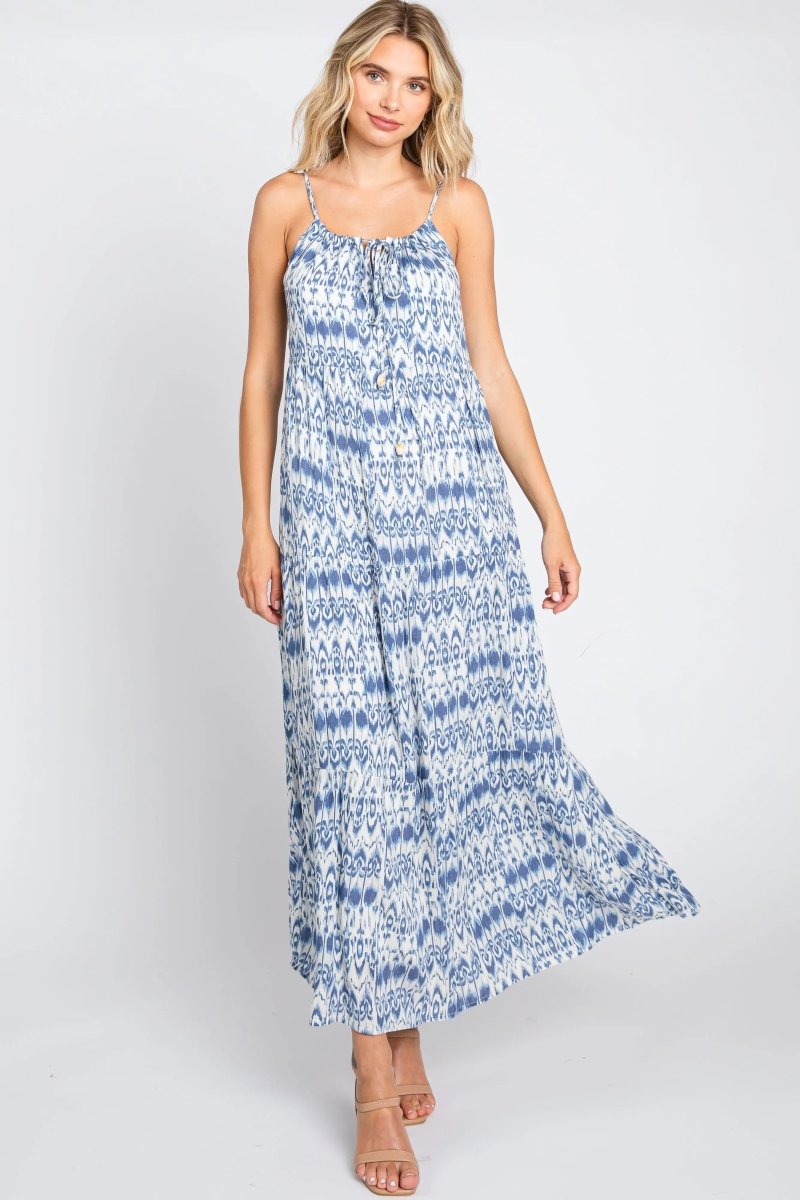 PinkBlush PinkBlush Blue Printed Tiered Maxi Dress with Back Cutout for Women - 