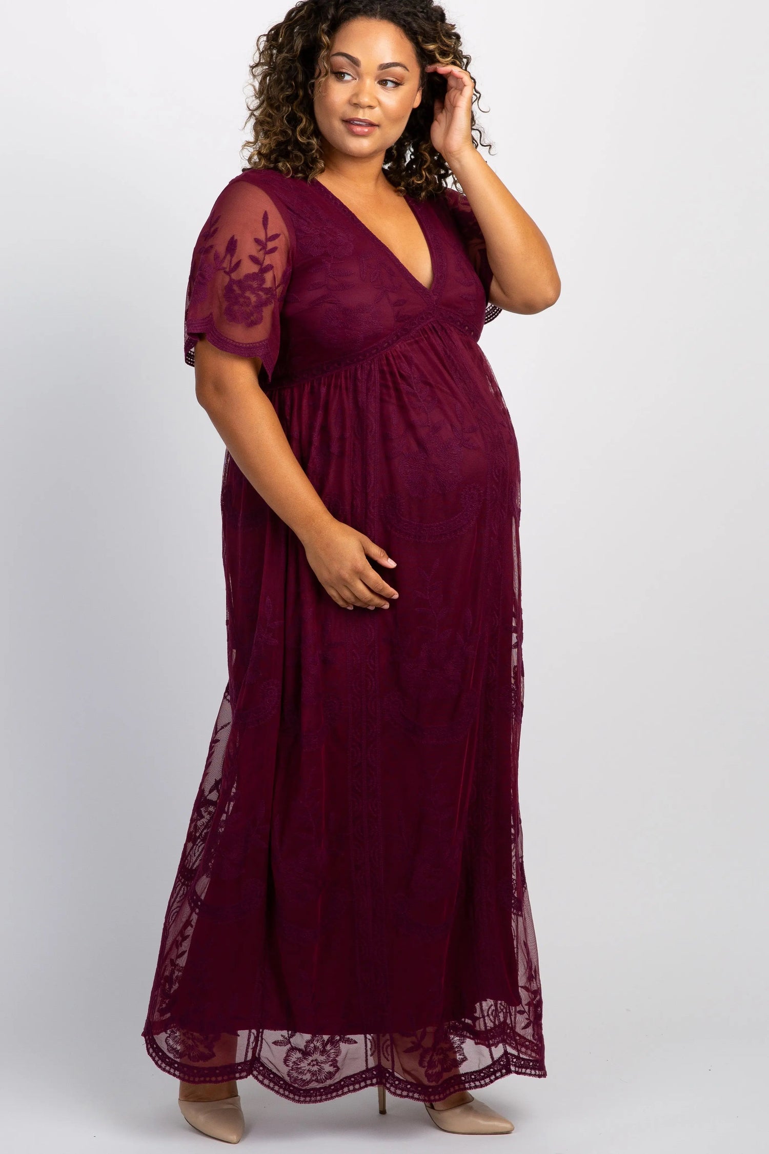 PinkBlush PinkBlush Burgundy Lace Mesh Overlay Plus Maternity Maxi Dress - 