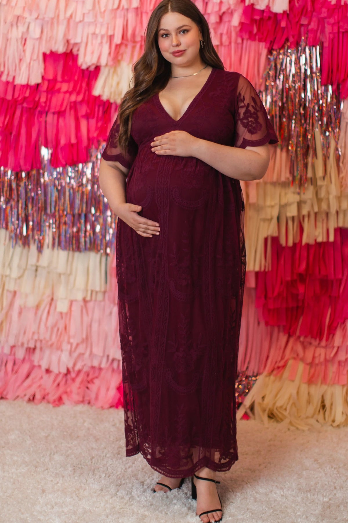 PinkBlush PinkBlush Burgundy Lace Mesh Overlay Plus Maternity Maxi Dress - 