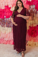 PinkBlush PinkBlush Burgundy Lace Mesh Overlay Plus Maternity Maxi Dress - 