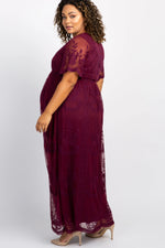 PinkBlush PinkBlush Burgundy Lace Mesh Overlay Plus Maternity Maxi Dress - 