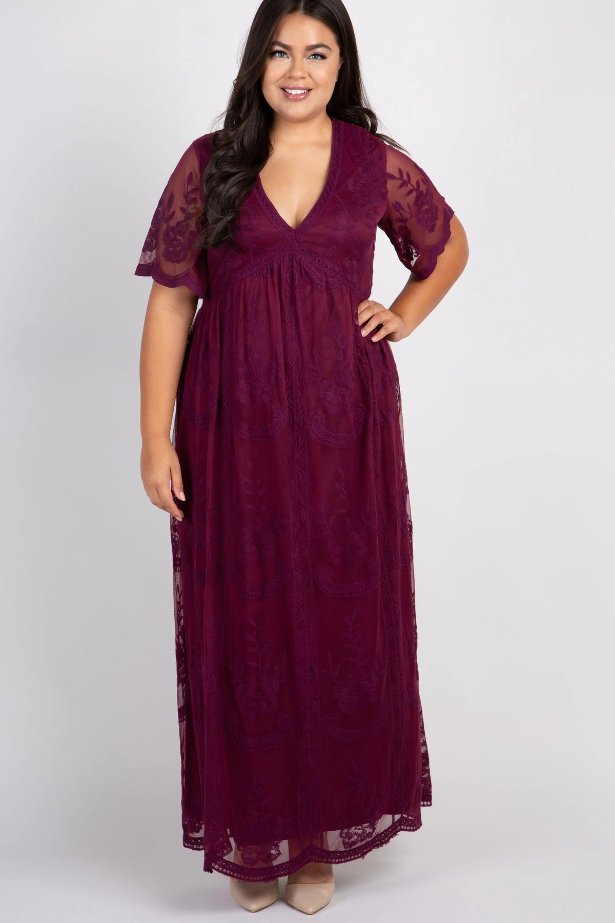 PinkBlush PinkBlush Burgundy Lace Mesh Overlay Plus Maternity Maxi Dress - 