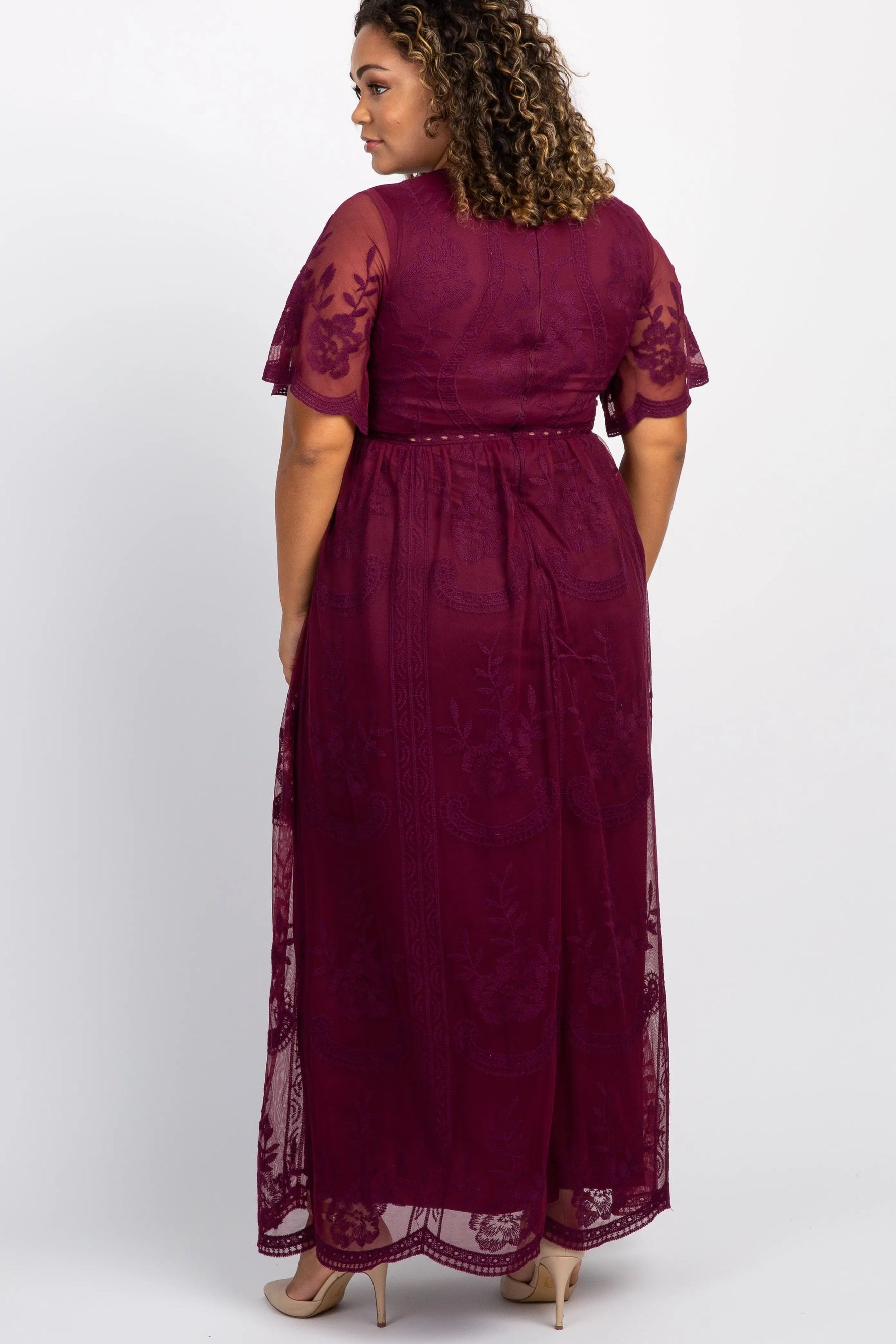 PinkBlush PinkBlush Burgundy Lace Mesh Overlay Plus Maternity Maxi Dress - 