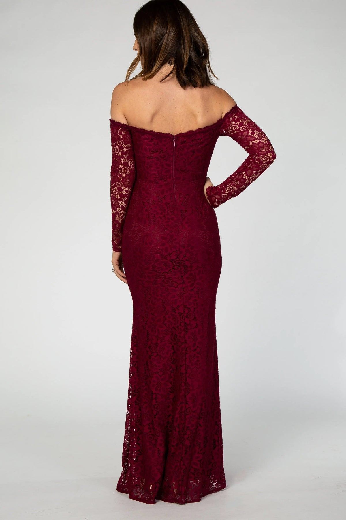 PinkBlush PinkBlush Burgundy Lace Off Shoulder Long Sleeve Maxi Dress - 