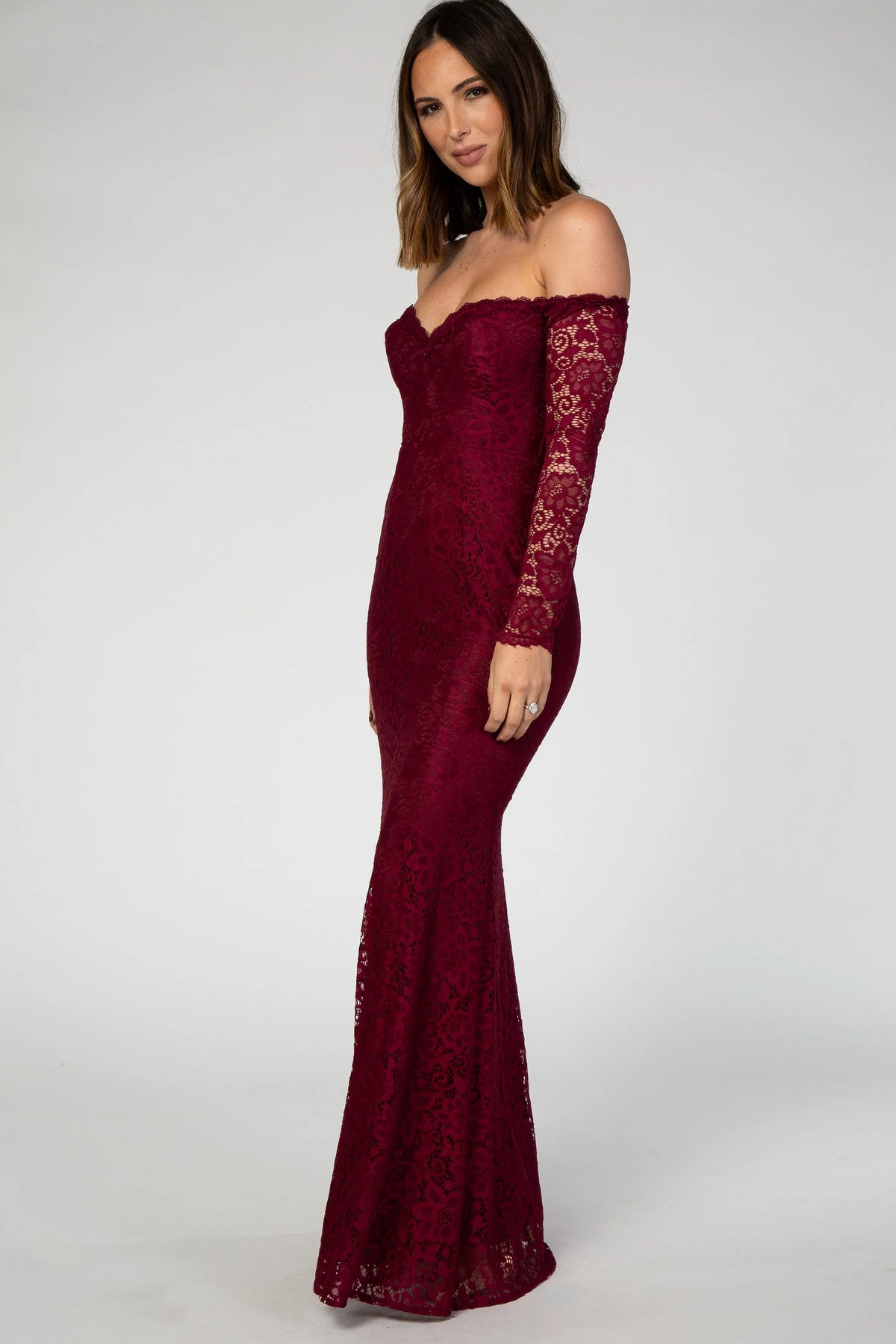 PinkBlush PinkBlush Burgundy Lace Off Shoulder Long Sleeve Maxi Dress - 