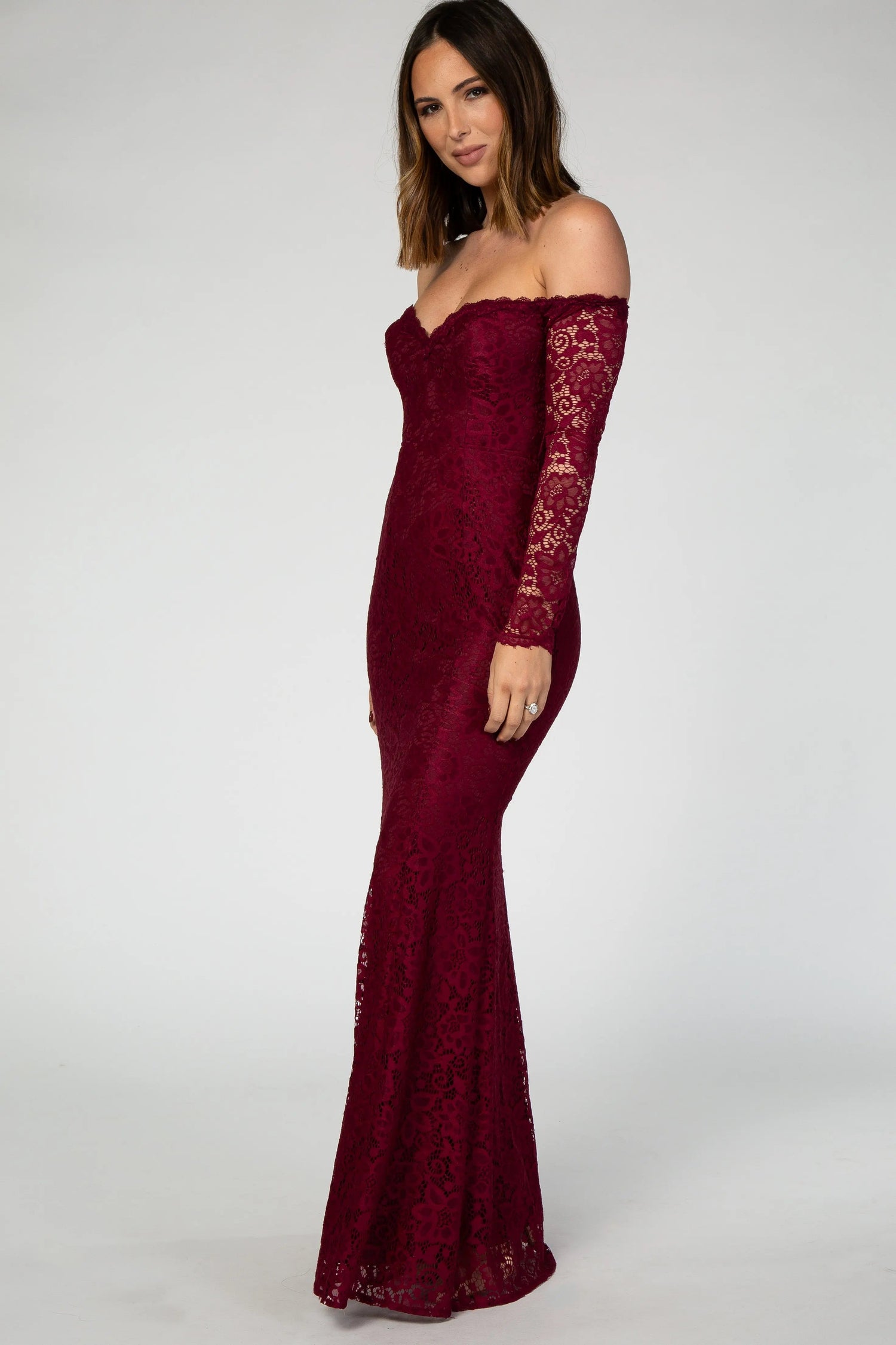PinkBlush PinkBlush Burgundy Lace Off Shoulder Long Sleeve Maxi Dress - 