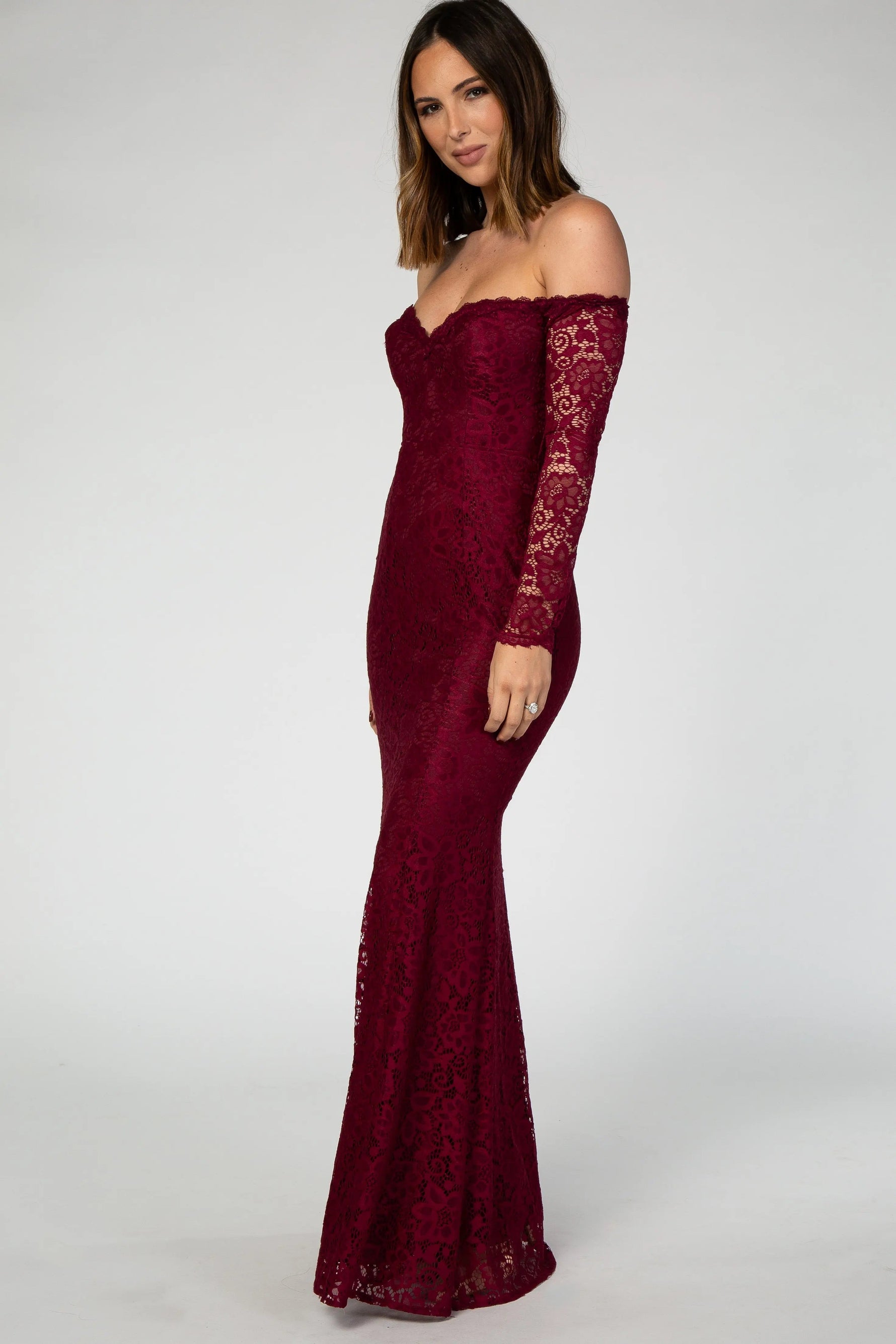 PinkBlush PinkBlush Burgundy Lace Off Shoulder Long Sleeve Maxi Dress - 
