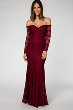 PinkBlush PinkBlush Burgundy Lace Off Shoulder Long Sleeve Maxi Dress - 