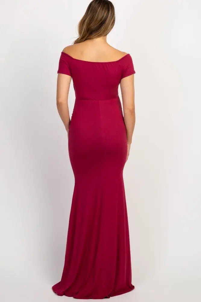 PinkBlush PinkBlush Burgundy Off Shoulder Wrap Maternity Photoshoot Gown/Dress - 