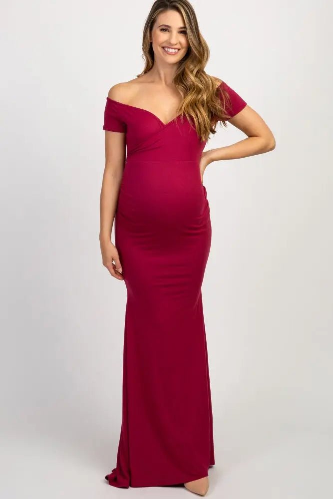 PinkBlush PinkBlush Burgundy Off Shoulder Wrap Maternity Photoshoot Gown/Dress - 
