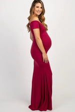 PinkBlush PinkBlush Burgundy Off Shoulder Wrap Maternity Photoshoot Gown/Dress - 