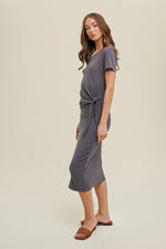 PinkBlush PinkBlush Charcoal Side Tie Midi Dress with Breathable Fabric for Chic Women - 