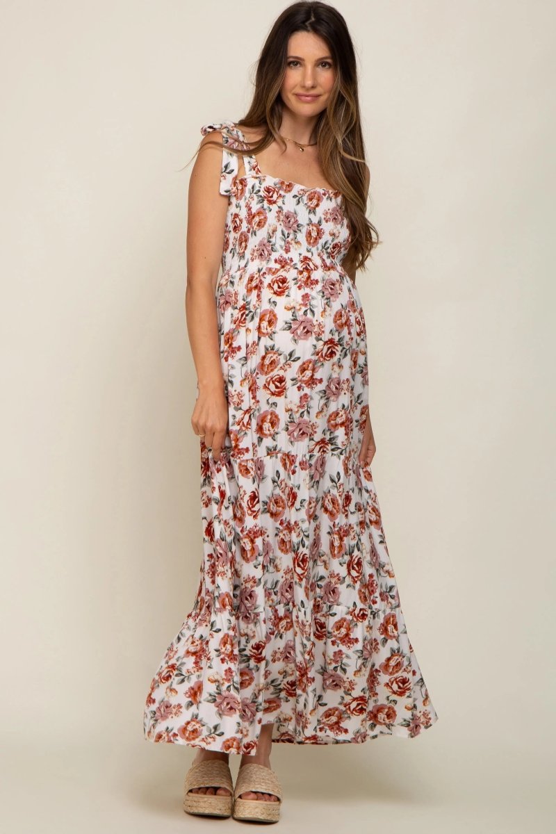 PinkBlush PinkBlush Cream Floral Maternity Maxi Dress with Smocked Shoulders - 