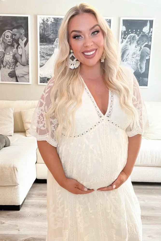 PinkBlush PinkBlush Cream Lace Mesh Overlay Maternity Maxi Dress - 
