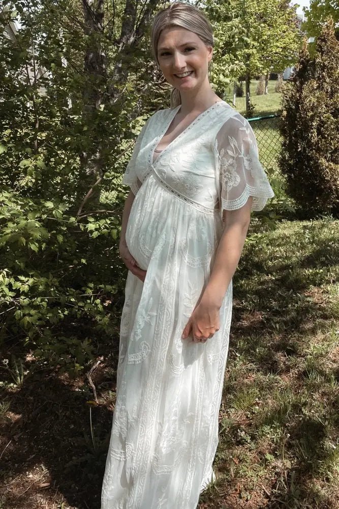 PinkBlush PinkBlush Cream Lace Mesh Overlay Maternity Maxi Dress - 