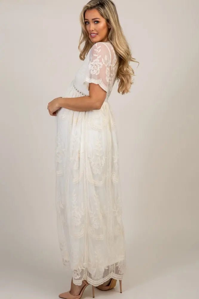 PinkBlush PinkBlush Cream Lace Mesh Overlay Maternity Maxi Dress - 