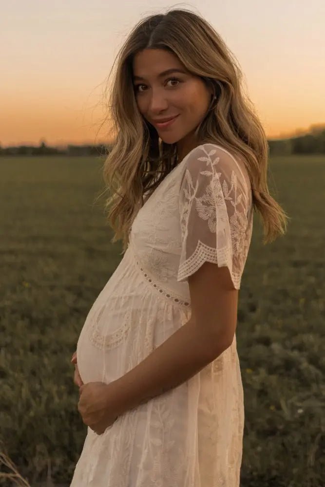 PinkBlush PinkBlush Cream Lace Mesh Overlay Maternity Maxi Dress - 