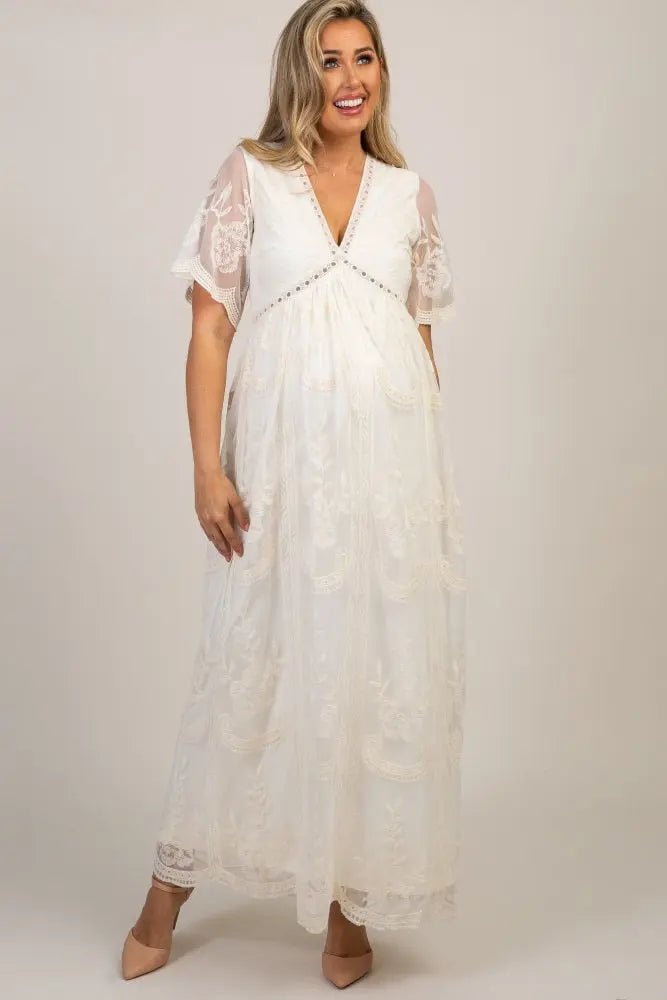 PinkBlush Cream Lace Mesh Overlay Maternity Maxi Dress - Sleeve, Shoulder, Dress, Textile, Gown | Everetts Place