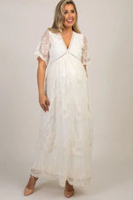PinkBlush Cream Lace Mesh Overlay Maternity Maxi Dress - Sleeve, Shoulder, Dress, Textile, Gown | Everetts Place