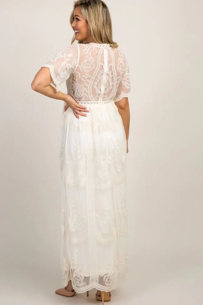 PinkBlush PinkBlush Cream Lace Mesh Overlay Maternity Maxi Dress - 