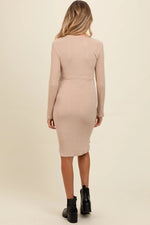PinkBlush PinkBlush Cream Ribbed Knit Long Sleeve Tie Waist Maternity Dress - 