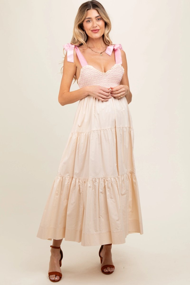 PinkBlush PinkBlush Cream Ribbon Strap Tiered Maternity Maxi Dress for Expecting Mothers - 