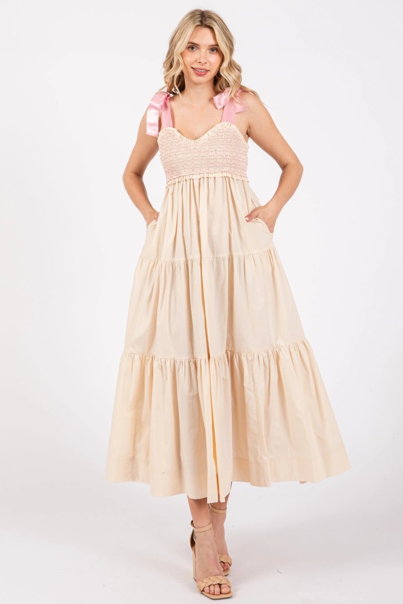PinkBlush PinkBlush Cream Ribbon Strap Tiered Maternity Maxi Dress for Expecting Mothers - 