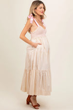 PinkBlush PinkBlush Cream Ribbon Strap Tiered Maternity Maxi Dress for Expecting Mothers - 