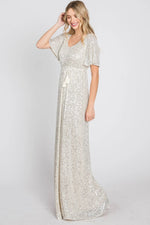 PinkBlush PinkBlush Cream Sequin Maxi Dress with V Neckline for Elegant Women - 
