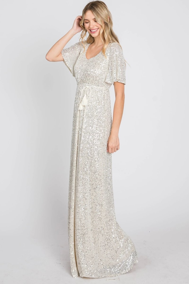 PinkBlush PinkBlush Cream Sequin Maxi Dress with V Neckline for Elegant Women - 