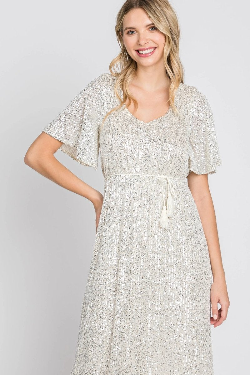 PinkBlush PinkBlush Cream Sequin Maxi Dress with V Neckline for Elegant Women - 