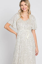 PinkBlush PinkBlush Cream Sequin Maxi Dress with V Neckline for Elegant Women - 