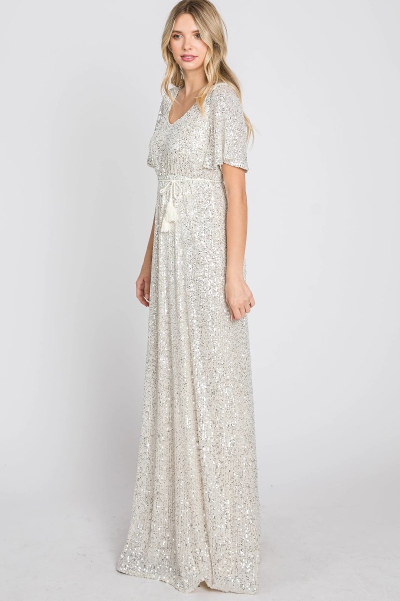 PinkBlush PinkBlush Cream Sequin Maxi Dress with V Neckline for Elegant Women - 