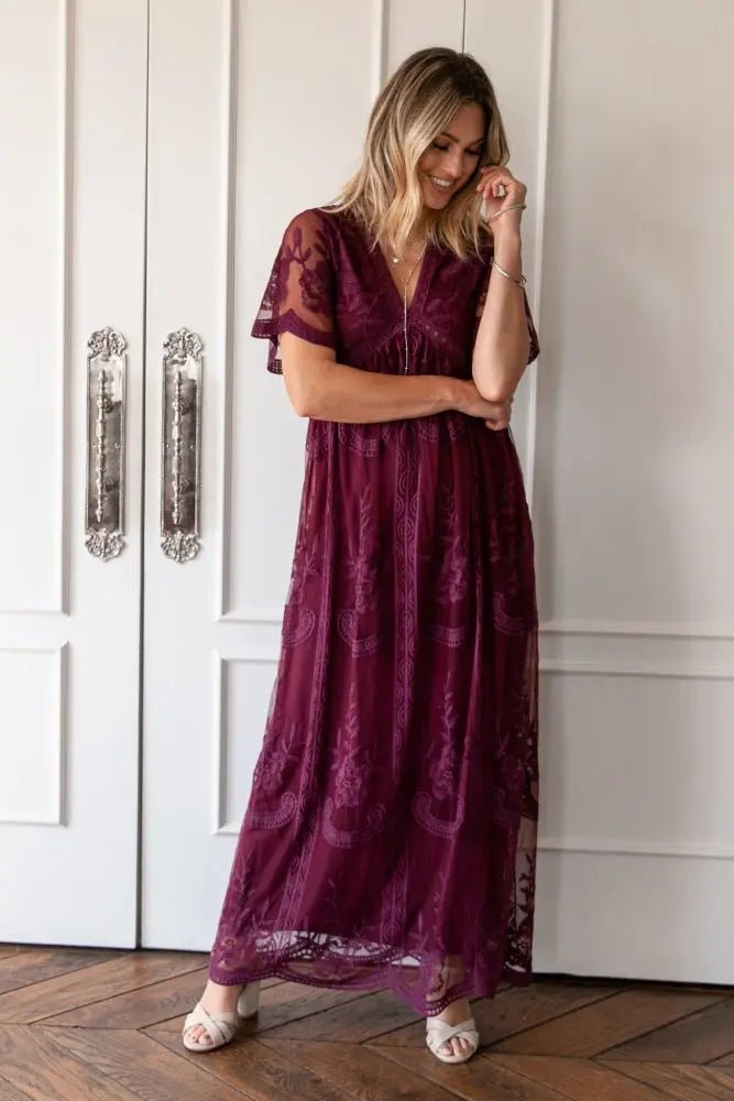 PinkBlush PinkBlush Deep Burgundy Lace Mesh Overlay Maternity Maxi Dress - 