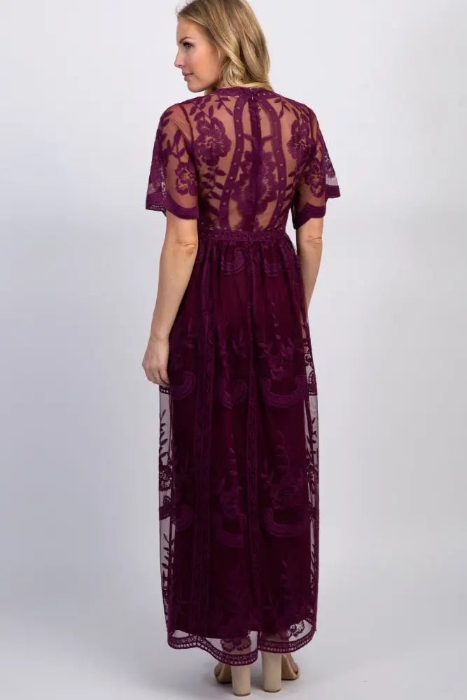 PinkBlush PinkBlush Deep Burgundy Lace Mesh Overlay Maternity Maxi Dress - 