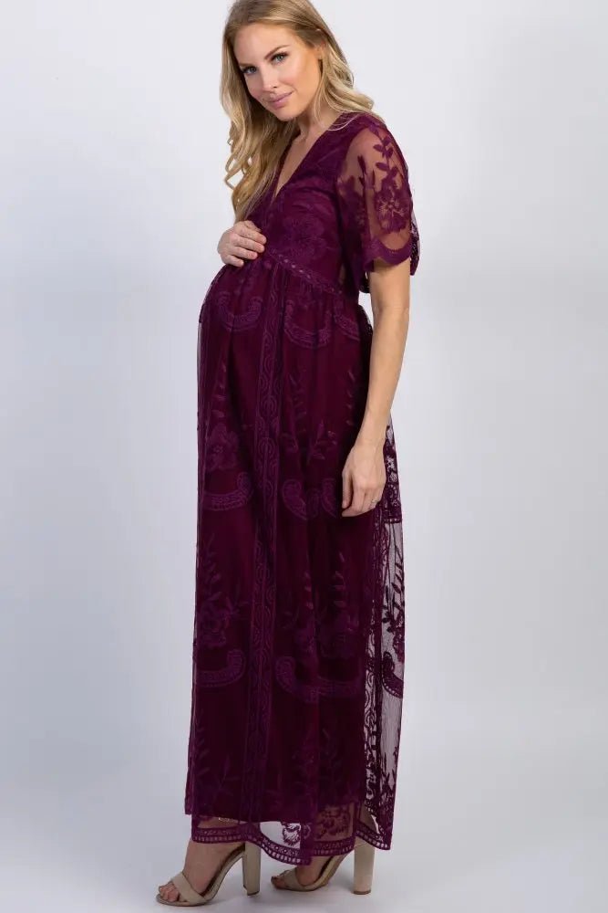 PinkBlush PinkBlush Deep Burgundy Lace Mesh Overlay Maternity Maxi Dress - 