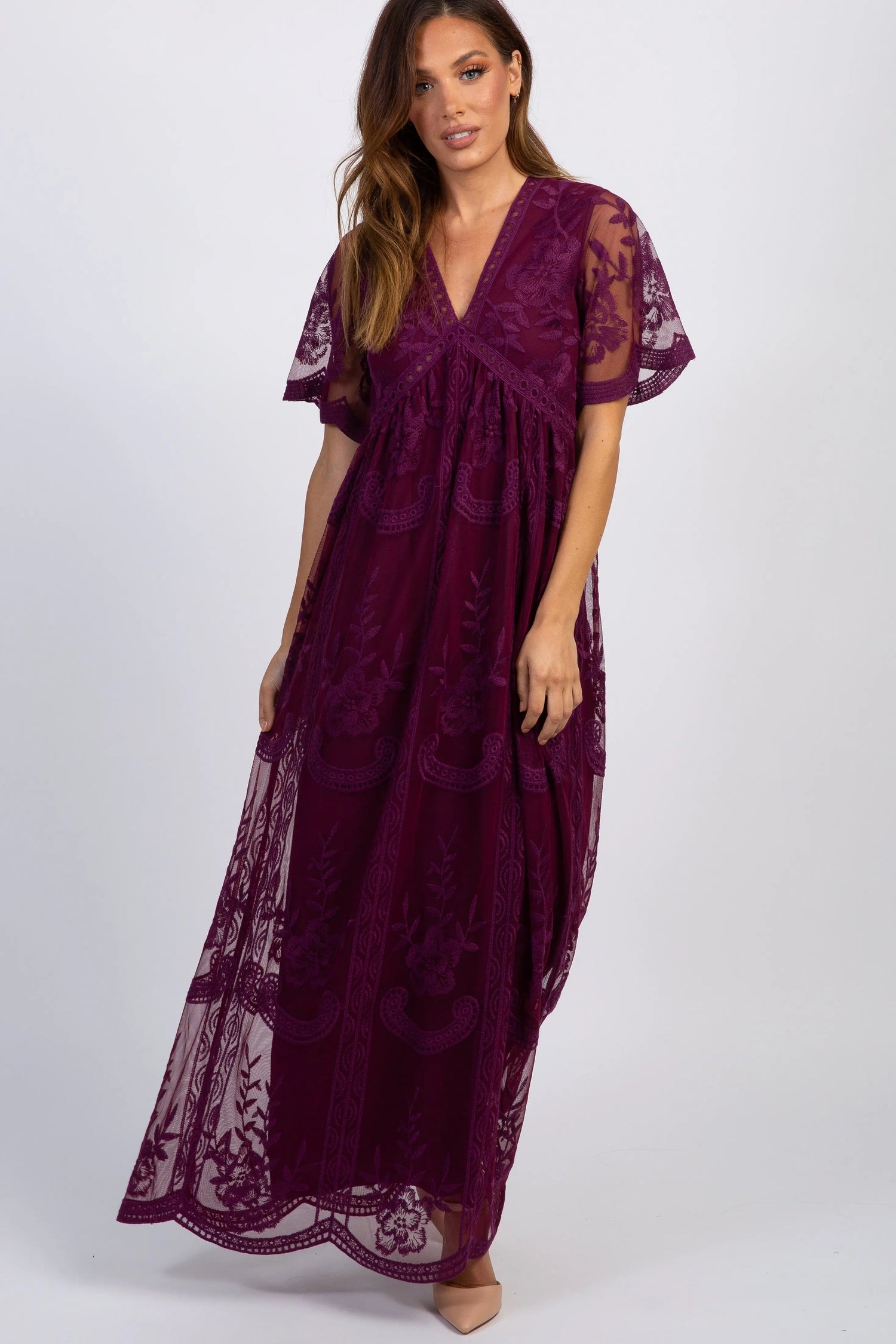 PinkBlush PinkBlush Deep Burgundy Lace Mesh Overlay Maxi Dress - 
