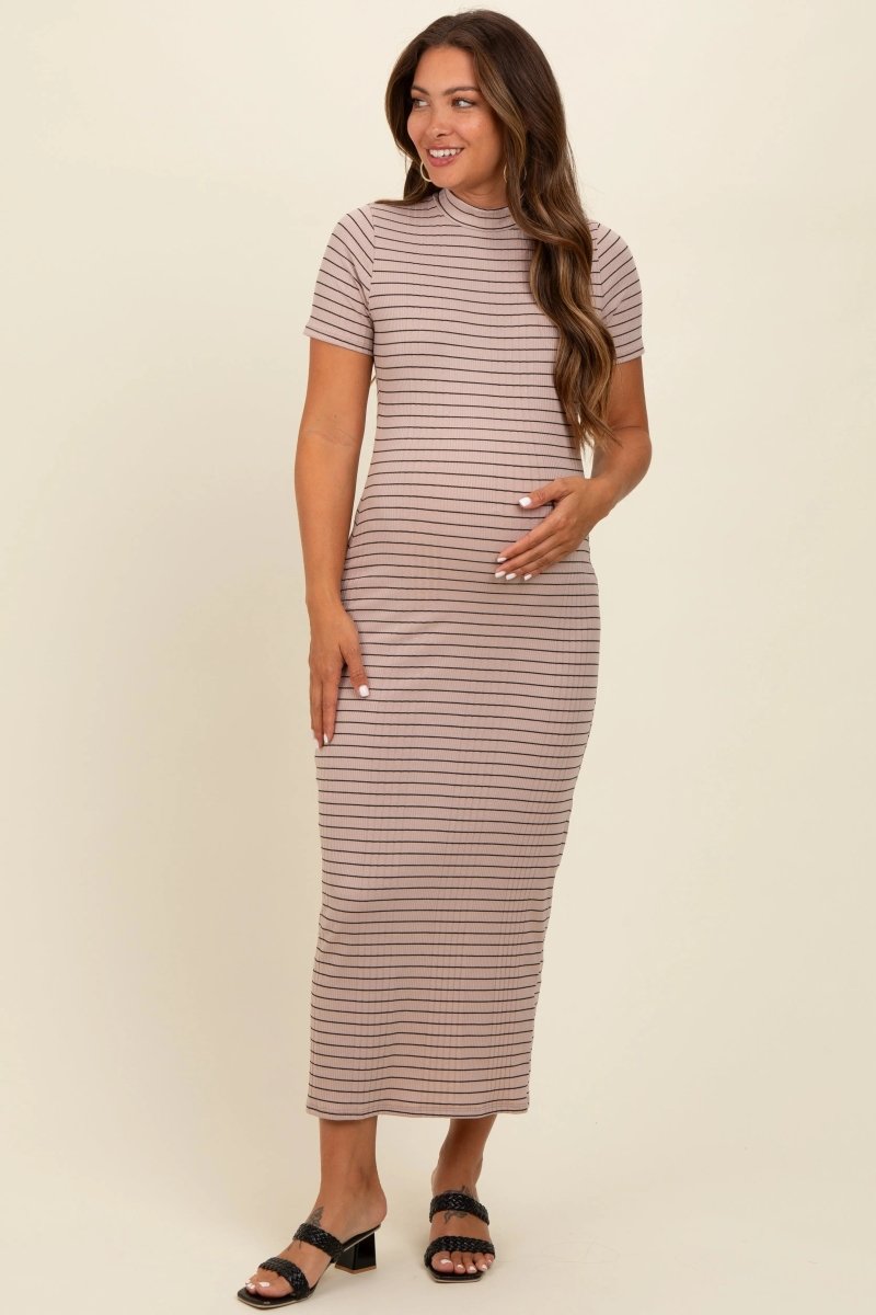 PinkBlush PinkBlush Fitted Maternity Midi Dress with Mock Neck for Expecting Mothers - 