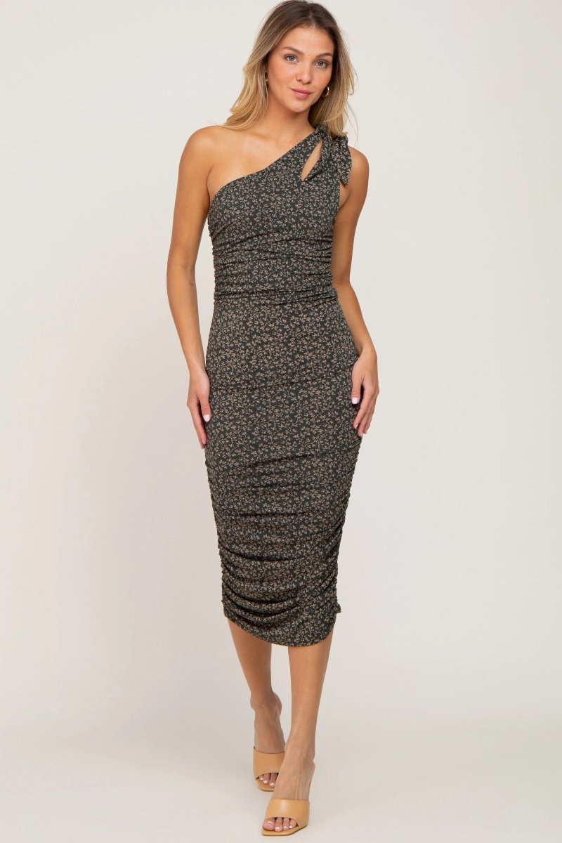 PinkBlush PinkBlush Forest Green Floral One Shoulder Ruched Midi Dress for Women - 