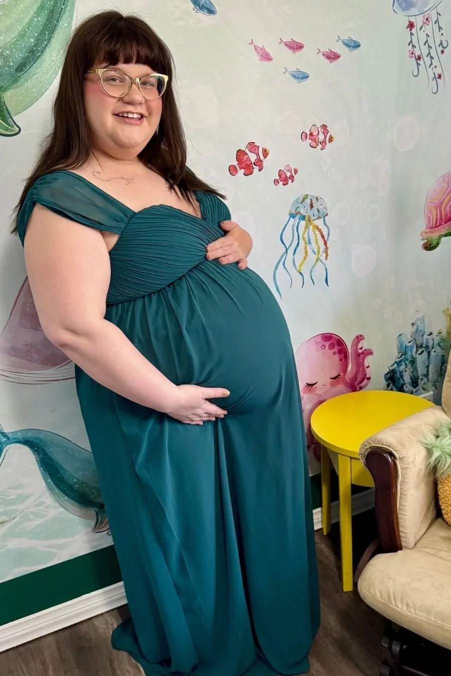 PinkBlush PinkBlush Forest Green Off Shoulder Chiffon Maxi Maternity Dress - 