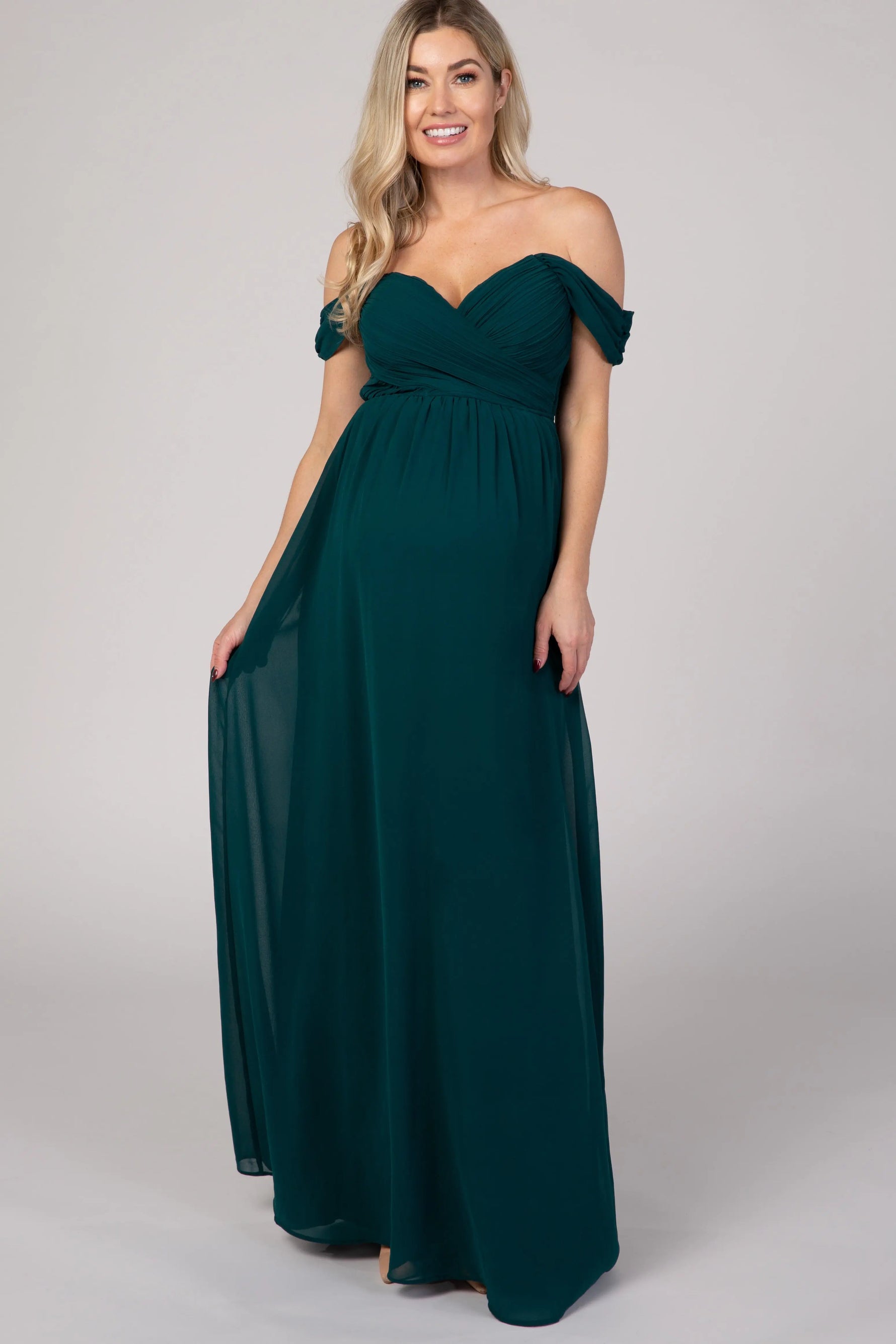 PinkBlush Forest Green Off Shoulder Chiffon Maxi Maternity Dress - Dress, Gown, One-piece garment, Bridal Party Dress, Happiness | Everetts Place