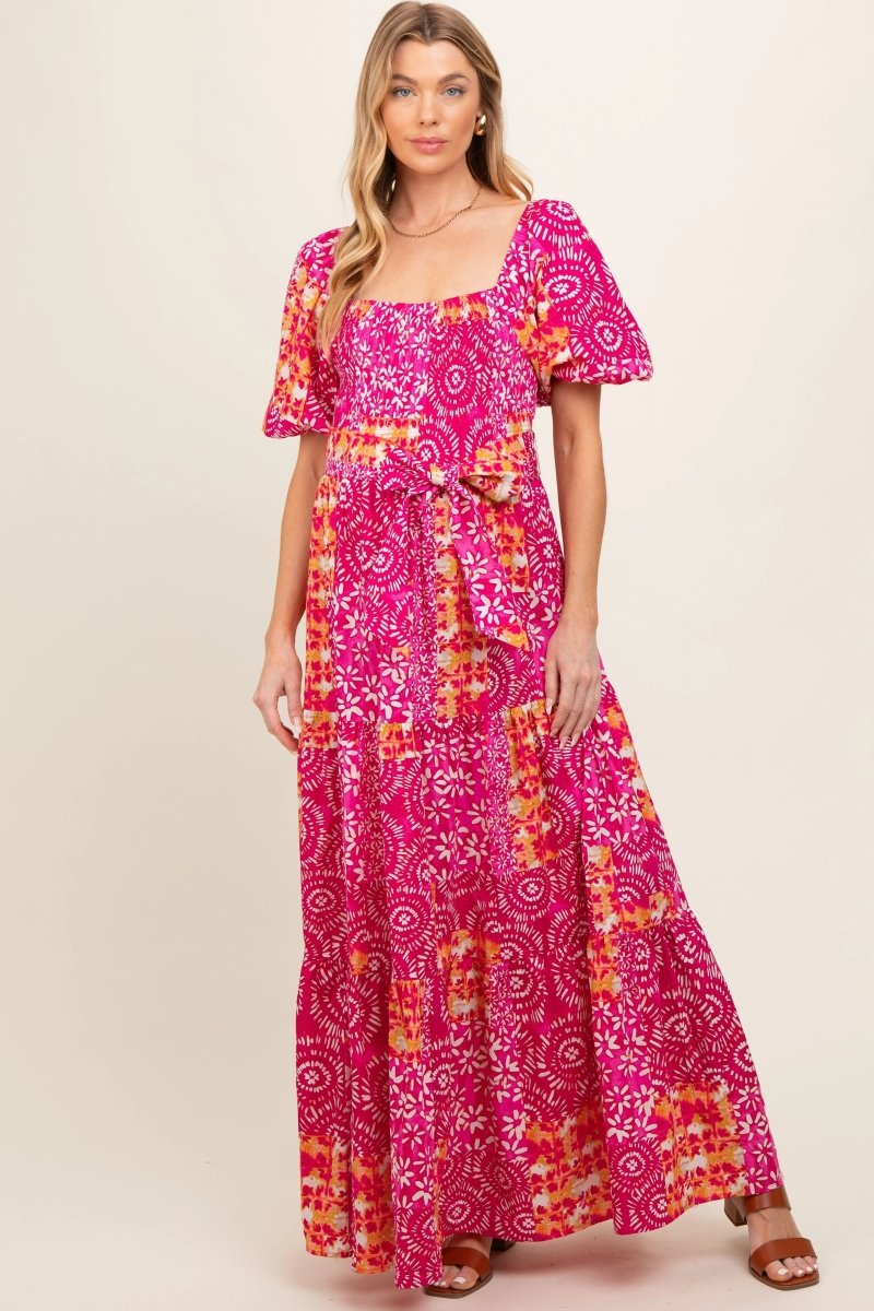 PinkBlush PinkBlush Fuchsia Floral Maternity Maxi Dress with Puff Sleeves for Moms - 