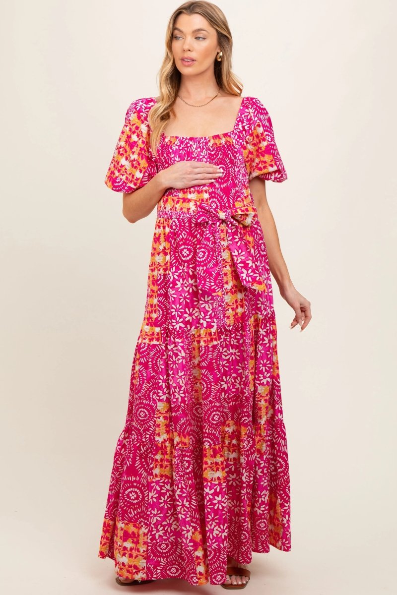 PinkBlush PinkBlush Fuchsia Floral Maternity Maxi Dress with Puff Sleeves for Moms - 