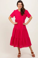 PinkBlush PinkBlush Fuchsia Short Sleeve Tiered Maternity Midi Dress for Expecting Mothers - 