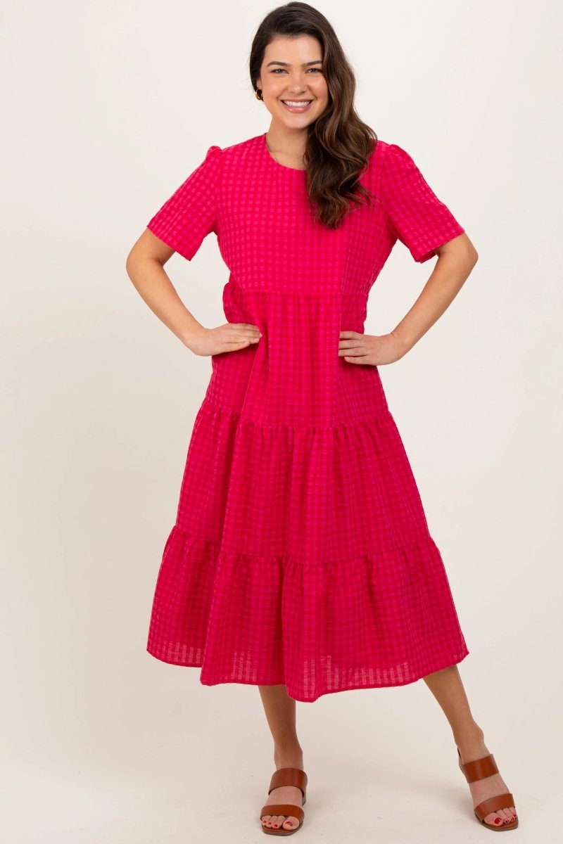 PinkBlush PinkBlush Fuchsia Short Sleeve Tiered Maternity Midi Dress for Expecting Mothers - 