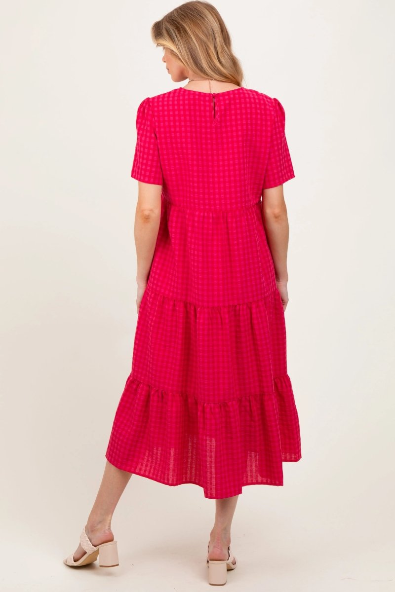PinkBlush PinkBlush Fuchsia Short Sleeve Tiered Maternity Midi Dress for Expecting Mothers - 