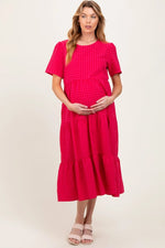PinkBlush PinkBlush Fuchsia Short Sleeve Tiered Maternity Midi Dress for Expecting Mothers - 