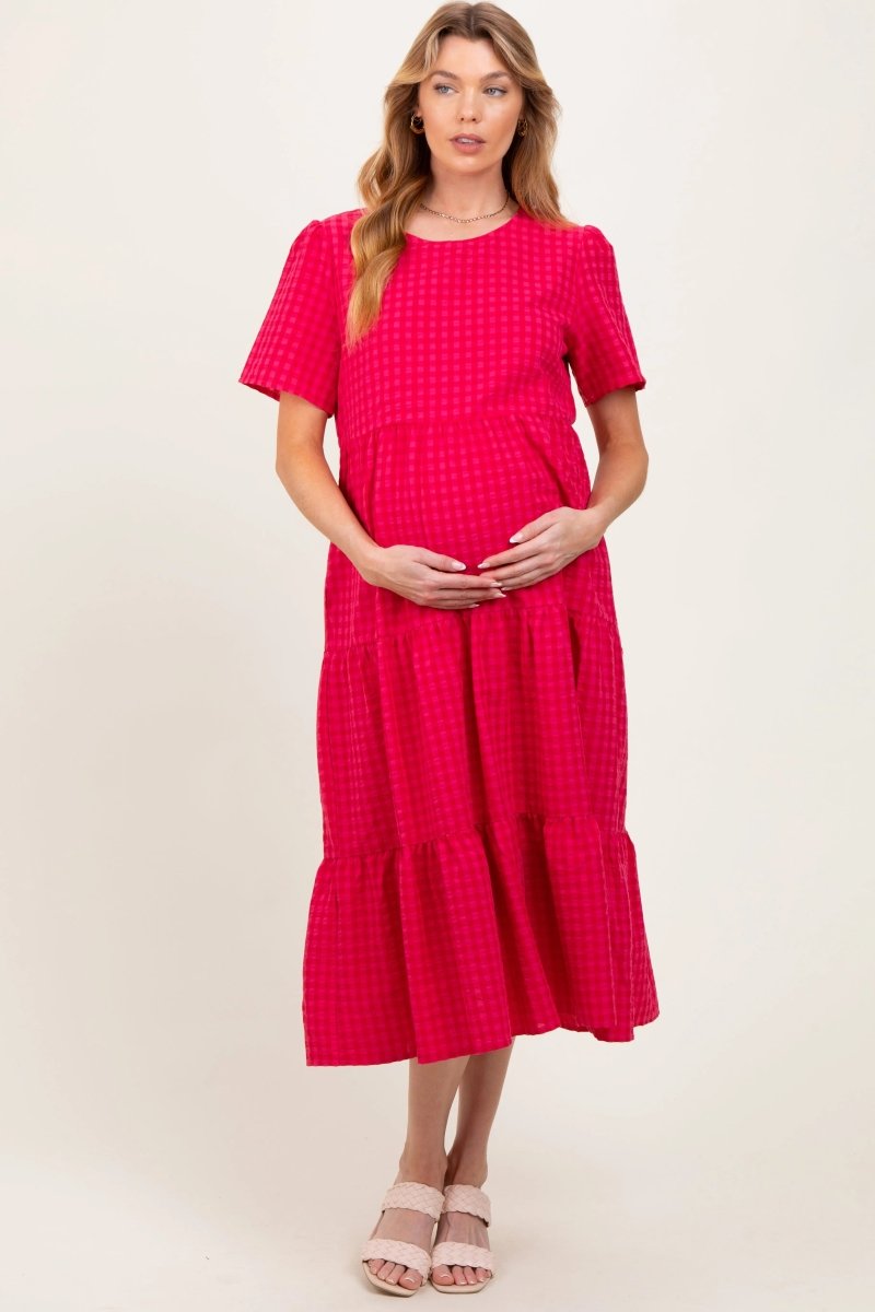 PinkBlush PinkBlush Fuchsia Short Sleeve Tiered Maternity Midi Dress for Expecting Mothers - 