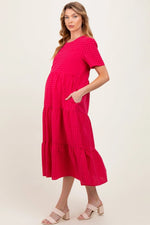 PinkBlush PinkBlush Fuchsia Short Sleeve Tiered Maternity Midi Dress for Expecting Mothers - 